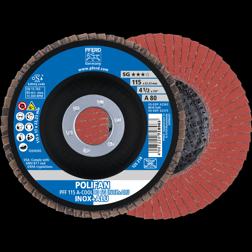 PFERD Flap Disc, 4-1/2&#34; x 7/8, A-COOL SG INOX+ALU, 80 Grit, T27, Flat, Aluminum oxide<span class=' ItemWarning' style='display:block;'>Item is usually in stock, but we&#39;ll be in touch if there&#39;s a problem<br /></span>