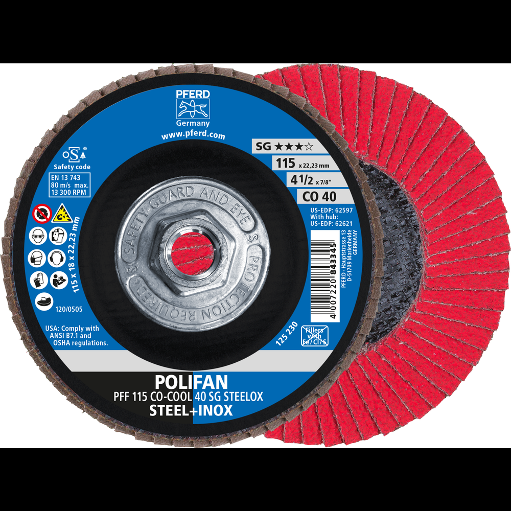 PFERD Flap Disc, 4-1/2&#34; x 5/8-11, CO-COOL SG STEELOX, 40 Grit, T27, Flat,Ceramic oxide<span class=' ItemWarning' style='display:block;'>Item is usually in stock, but we&#39;ll be in touch if there&#39;s a problem<br /></span>