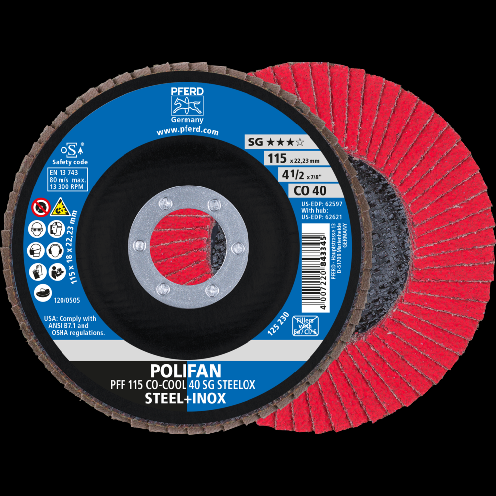 PFERD Flap Disc, 4-1/2&#34; x 7/8, CO-COOL SG STEELOX, 40 Grit, T27, Flat, Ceramic oxide<span class=' ItemWarning' style='display:block;'>Item is usually in stock, but we&#39;ll be in touch if there&#39;s a problem<br /></span>