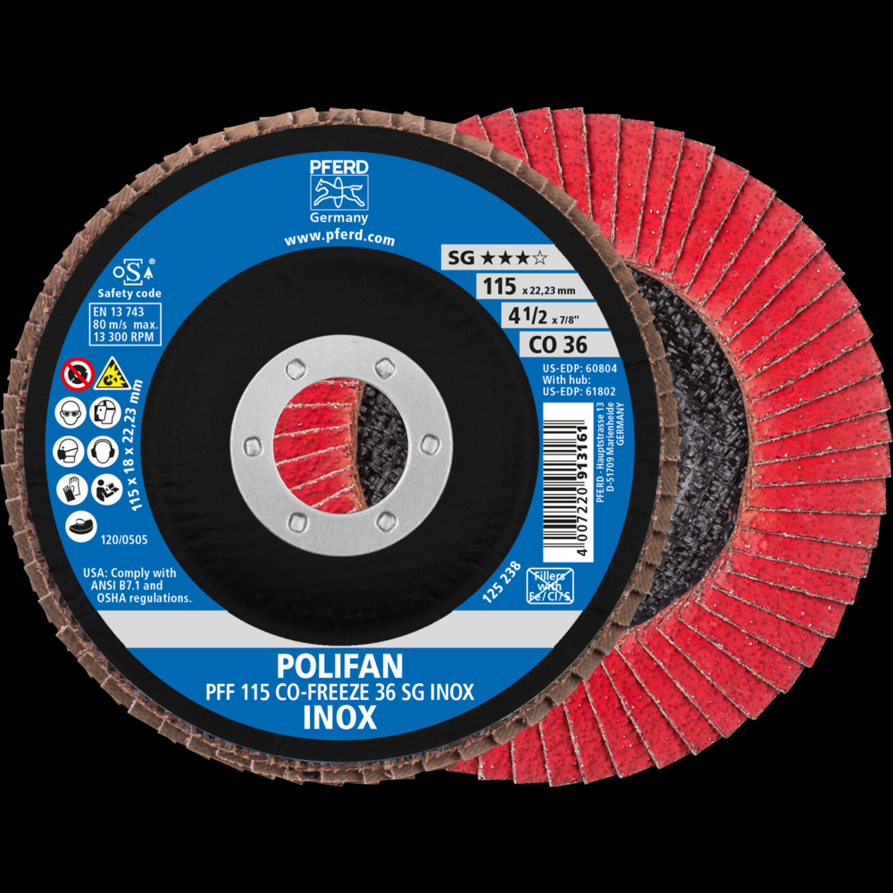 PFERD Flap Disc, 4-1/2&#34; x 7/8, CO-FREEZE SG INOX, 36 Grit, T27, Flat, Ceramic<span class=' ItemWarning' style='display:block;'>Item is usually in stock, but we&#39;ll be in touch if there&#39;s a problem<br /></span>