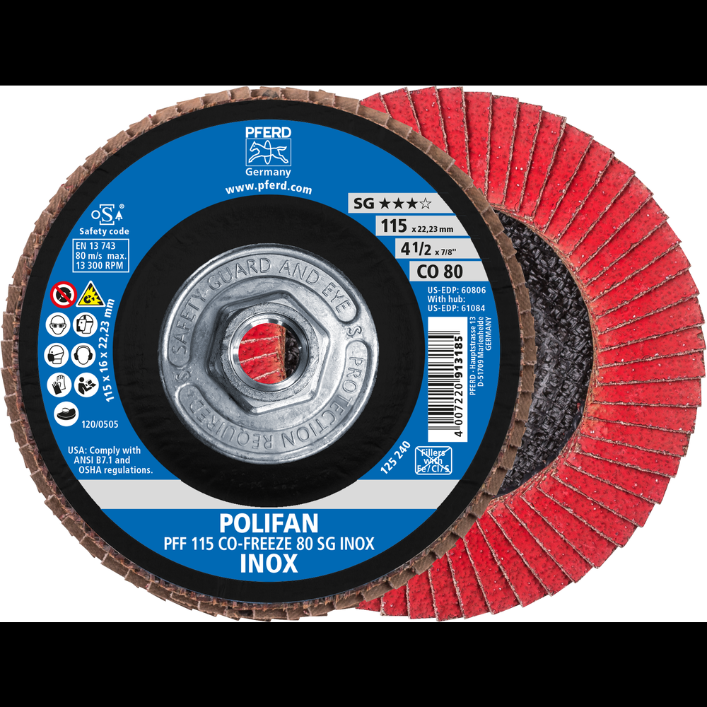 PFERD Flap Disc, 4-1/2&#34; x 5/8-11, CO-FREEZE SG INOX, 80 Grit, T27, Flat, Ceramic<span class=' ItemWarning' style='display:block;'>Item is usually in stock, but we&#39;ll be in touch if there&#39;s a problem<br /></span>