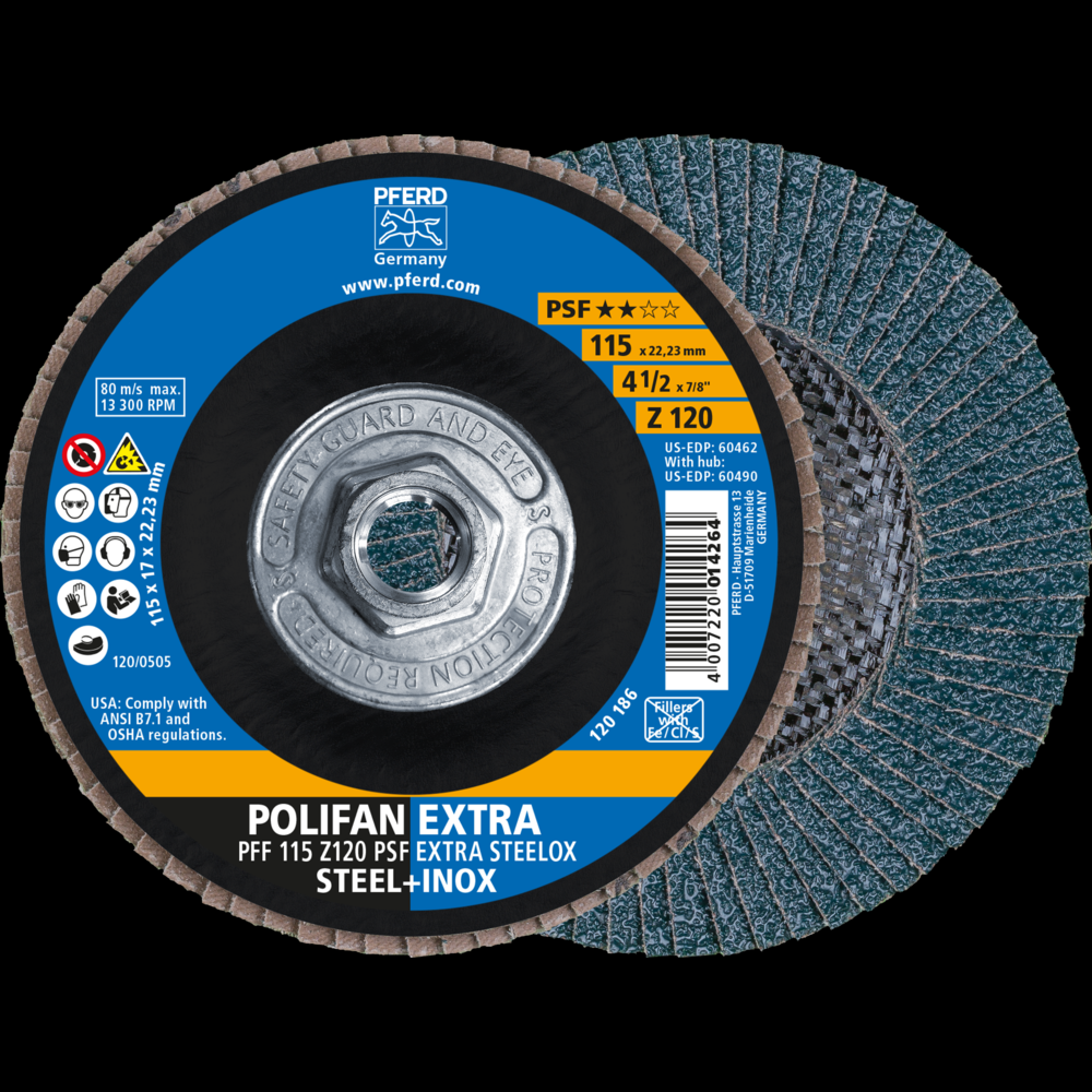 PFERD Flap Disc, 4-1/2&#34; x 5/8-11, Z PSF EXTRA STEELOX, 120 Grit, T27, Flat, Zirconia<span class=' ItemWarning' style='display:block;'>Item is usually in stock, but we&#39;ll be in touch if there&#39;s a problem<br /></span>