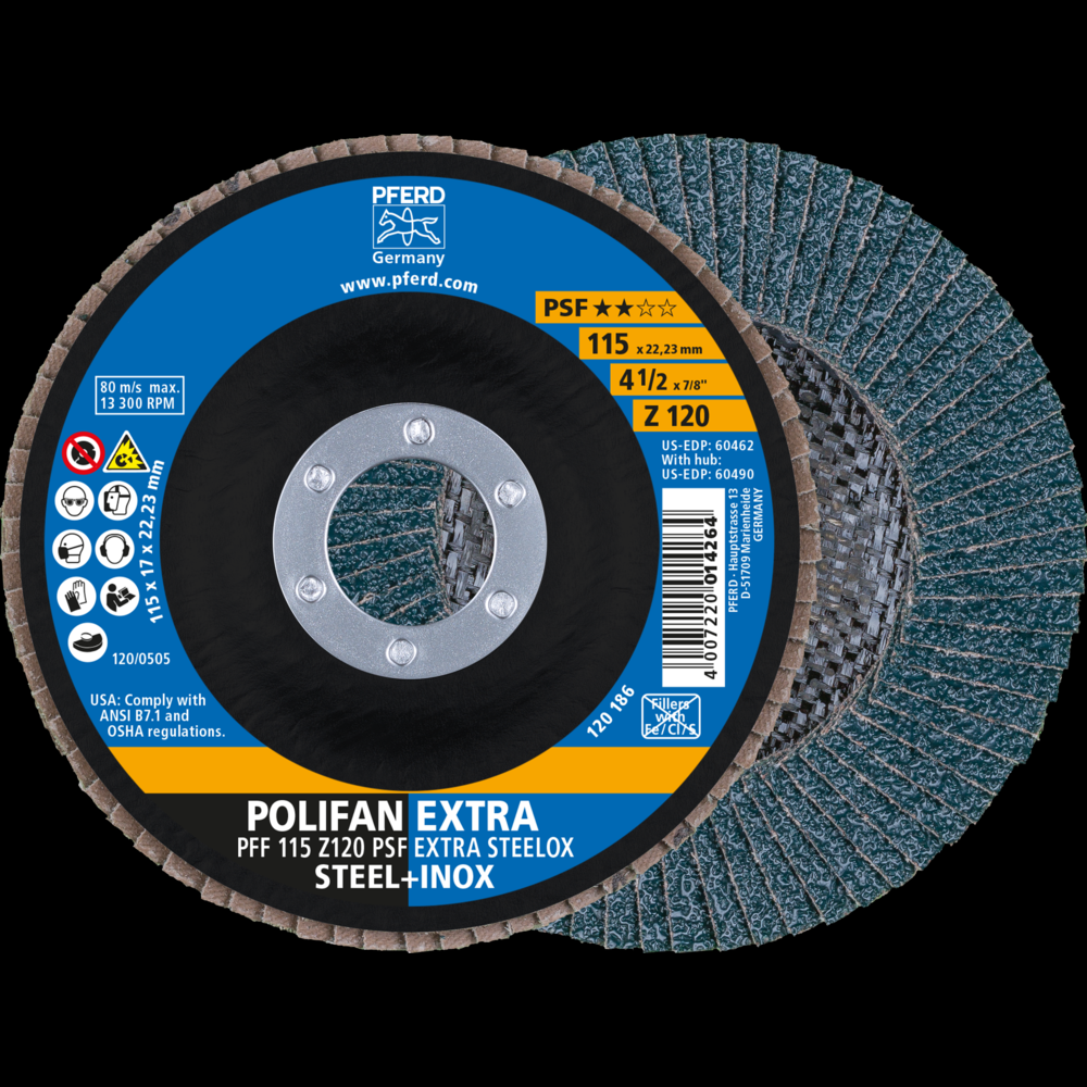 PFERD Flap Disc, 4-1/2&#34; x 7/8, Z PSF EXTRA STEELOX, 120 Grit, T27, Flat, Zirconia<span class=' ItemWarning' style='display:block;'>Item is usually in stock, but we&#39;ll be in touch if there&#39;s a problem<br /></span>