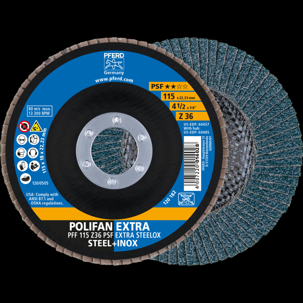 PFERD Flap Disc, 4-1/2&#34; x 7/8, Z PSF EXTRA STEELOX, 36 Grit, T27, Flat, Zirconia<span class=' ItemWarning' style='display:block;'>Item is usually in stock, but we&#39;ll be in touch if there&#39;s a problem<br /></span>