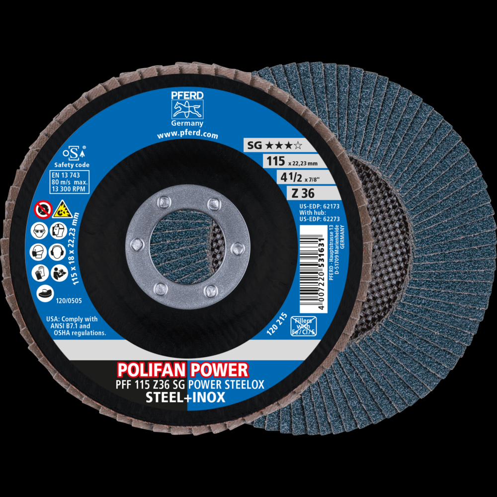 PFERD Flap Disc, 4-1/2&#34; x 7/8, Z SG POWER STEELOX, 36 Grit, T27, Flat, Aluminum oxide<span class=' ItemWarning' style='display:block;'>Item is usually in stock, but we&#39;ll be in touch if there&#39;s a problem<br /></span>