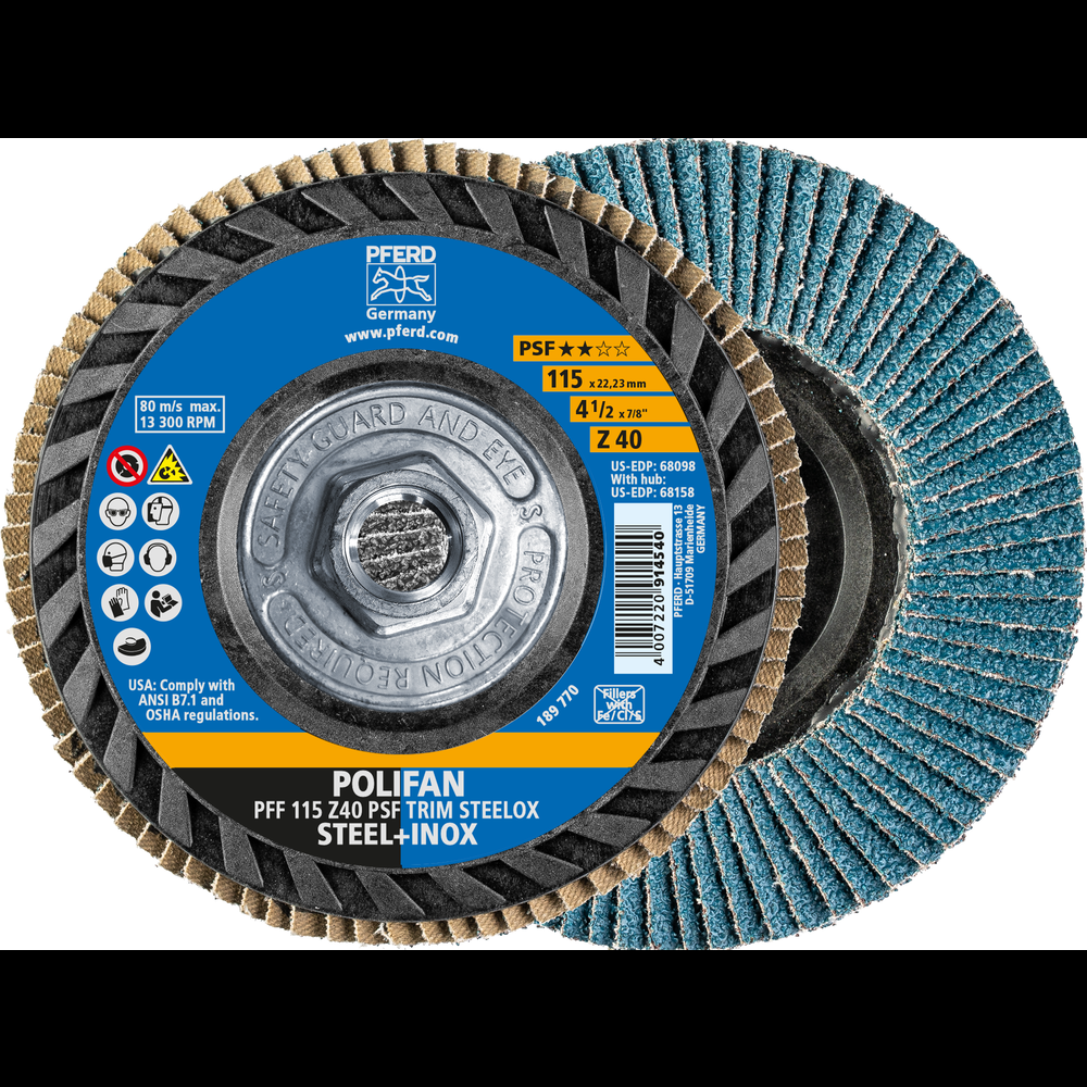 PFERD Flap Disc, 4-1/2&#34; x 5/8-11, Z PSF TRIM STEELOX, 40 Grit, T27, Flat, Zirconia<span class=' ItemWarning' style='display:block;'>Item is usually in stock, but we&#39;ll be in touch if there&#39;s a problem<br /></span>