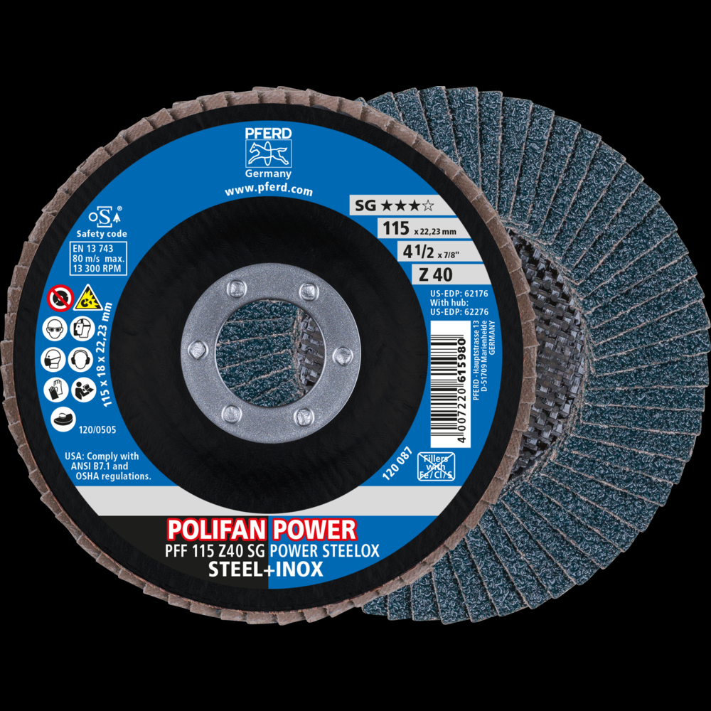 PFERD Flap Disc, 4-1/2&#34; x 7/8, Z SG POWER STEELOX, 40 Grit, T27, Flat, Zirconia<span class=' ItemWarning' style='display:block;'>Item is usually in stock, but we&#39;ll be in touch if there&#39;s a problem<br /></span>