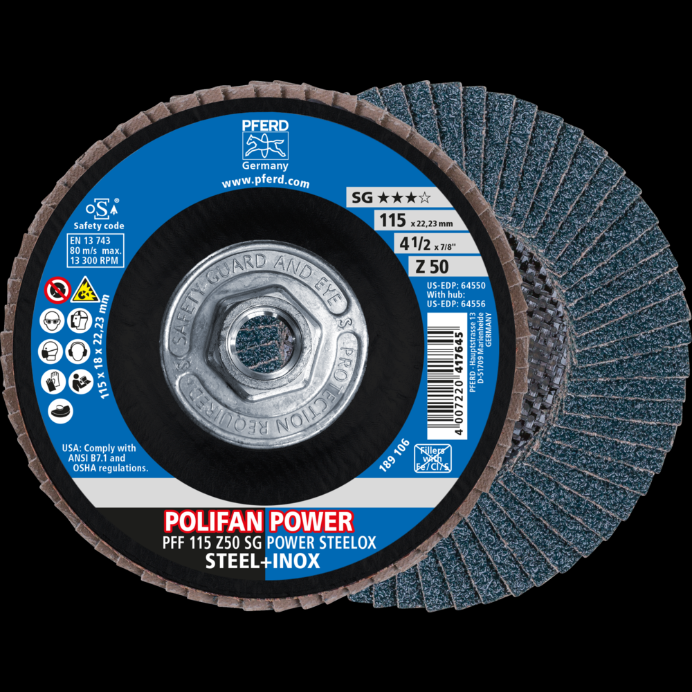 PFERD Flap Disc, 4-1/2&#34; x 5/8-11, Z SG POWER STEELOX, 50 Grit, T27, Flat, Zirconia<span class=' ItemWarning' style='display:block;'>Item is usually in stock, but we&#39;ll be in touch if there&#39;s a problem<br /></span>