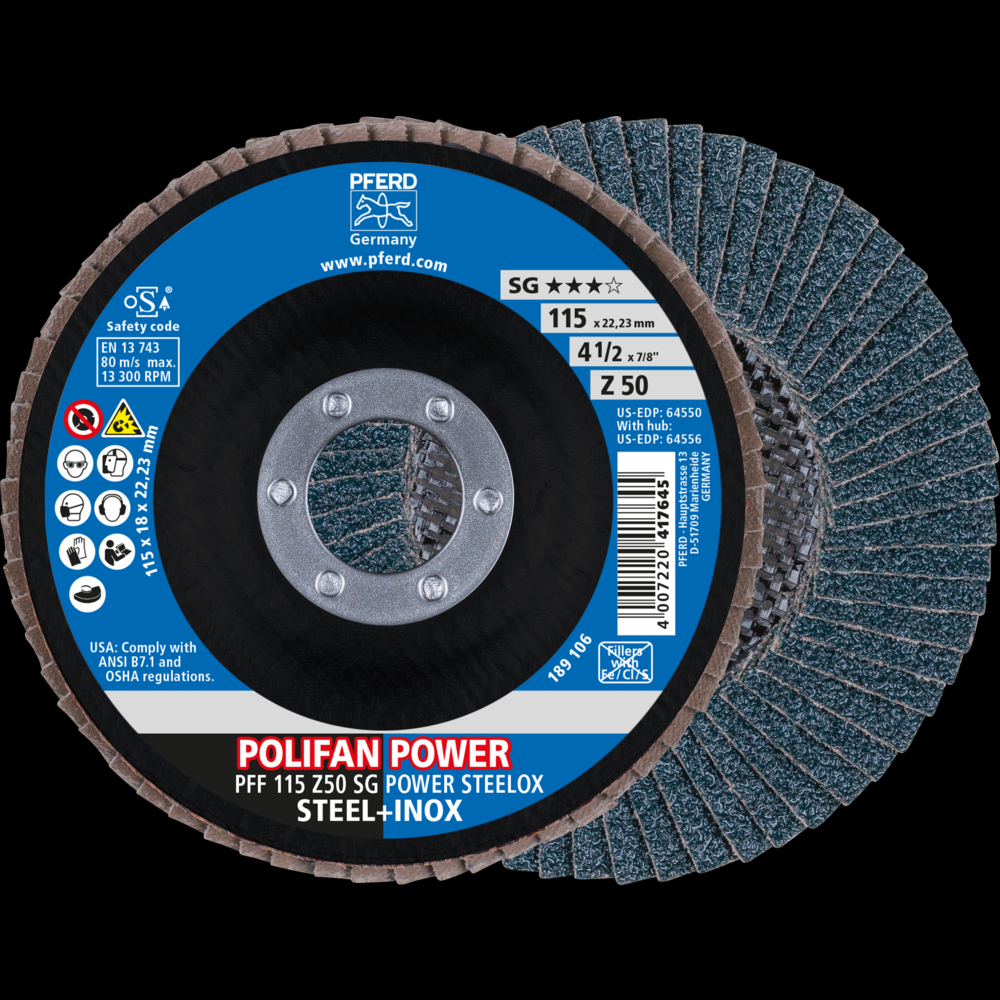 PFERD Flap Disc, 4-1/2&#34; x 7/8, Z SG POWER STEELOX, 50 Grit, T27, Flat, Zirconia<span class=' ItemWarning' style='display:block;'>Item is usually in stock, but we&#39;ll be in touch if there&#39;s a problem<br /></span>