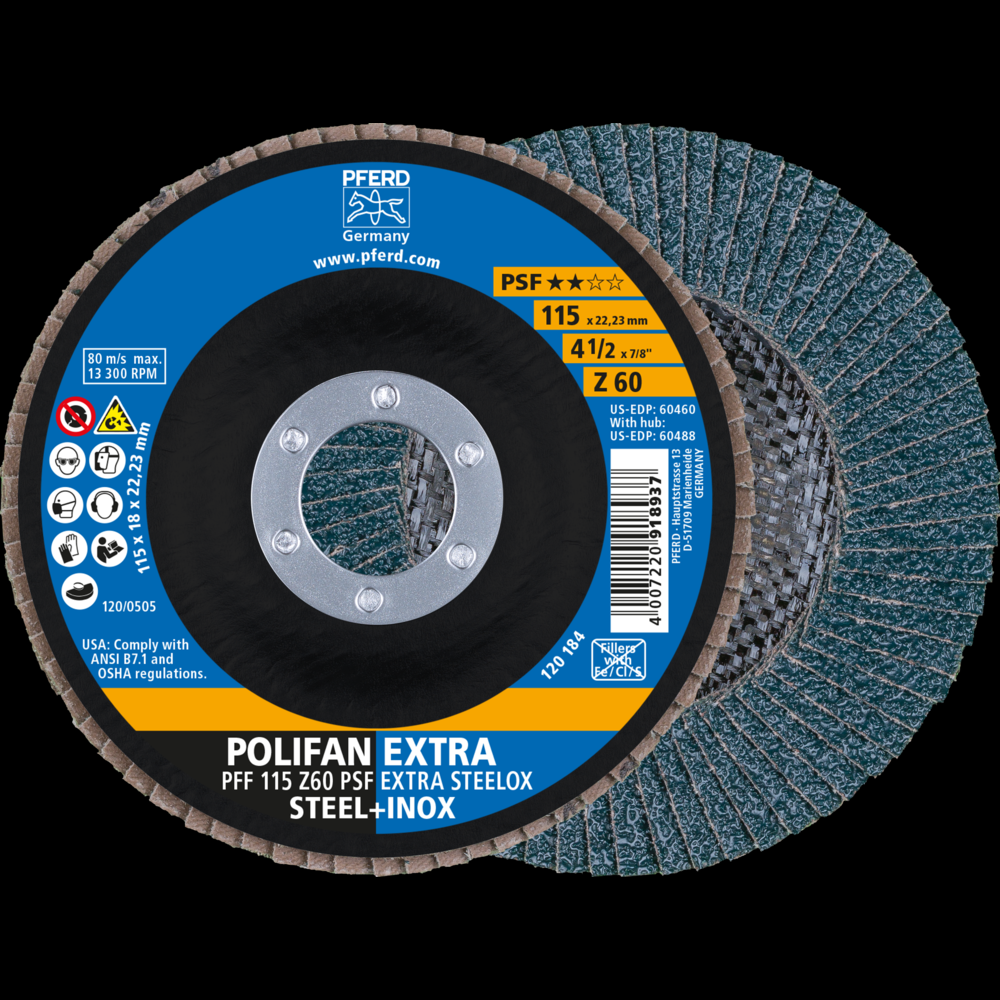 PFERD Flap Disc, 4-1/2&#34; x 7/8, Z PSF EXTRA STEELOX, 60 Grit, T27, Flat, Zirconia<span class=' ItemWarning' style='display:block;'>Item is usually in stock, but we&#39;ll be in touch if there&#39;s a problem<br /></span>