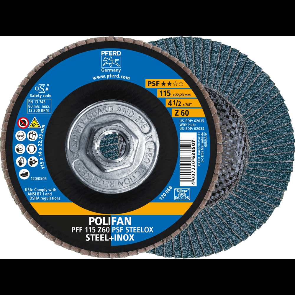 PFERD Flap Disc, 4-1/2&#34; x 5/8-11, Z PSF STEELOX, 60 Grit, T27, Flat, Zirconia<span class=' ItemWarning' style='display:block;'>Item is usually in stock, but we&#39;ll be in touch if there&#39;s a problem<br /></span>