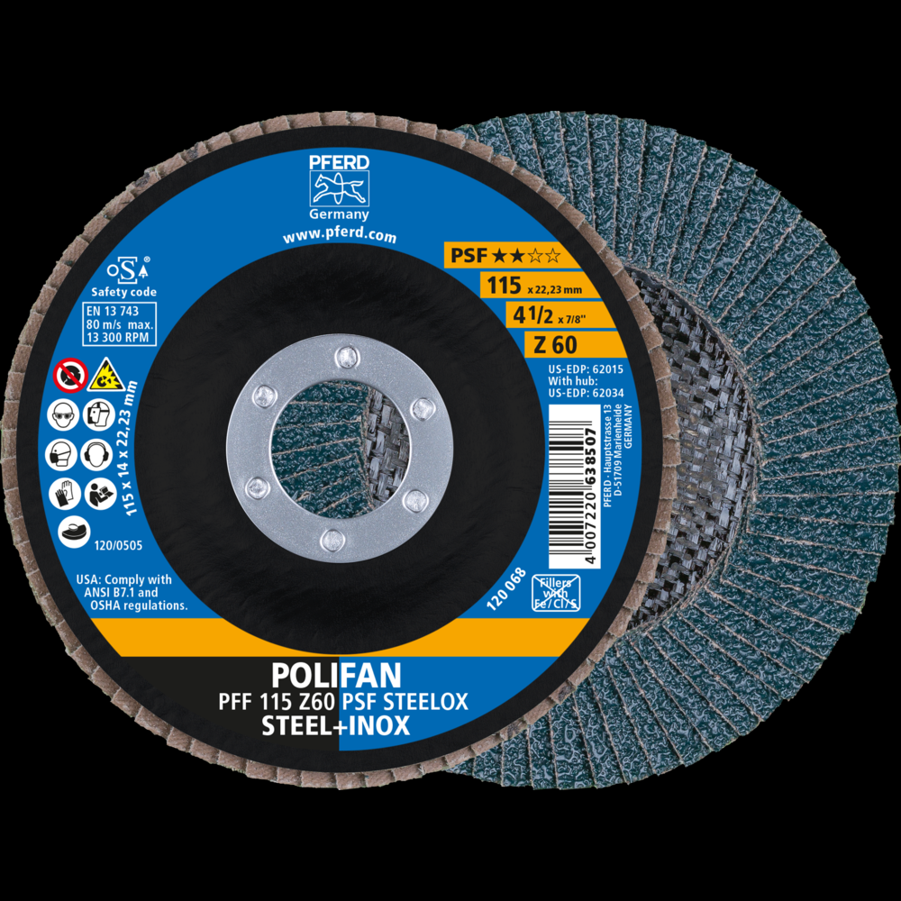 PFERD Flap Disc, 4-1/2&#34; x 7/8, Z PSF STEELOX, 60 Grit, T27, Flat, Zirconia<span class=' ItemWarning' style='display:block;'>Item is usually in stock, but we&#39;ll be in touch if there&#39;s a problem<br /></span>