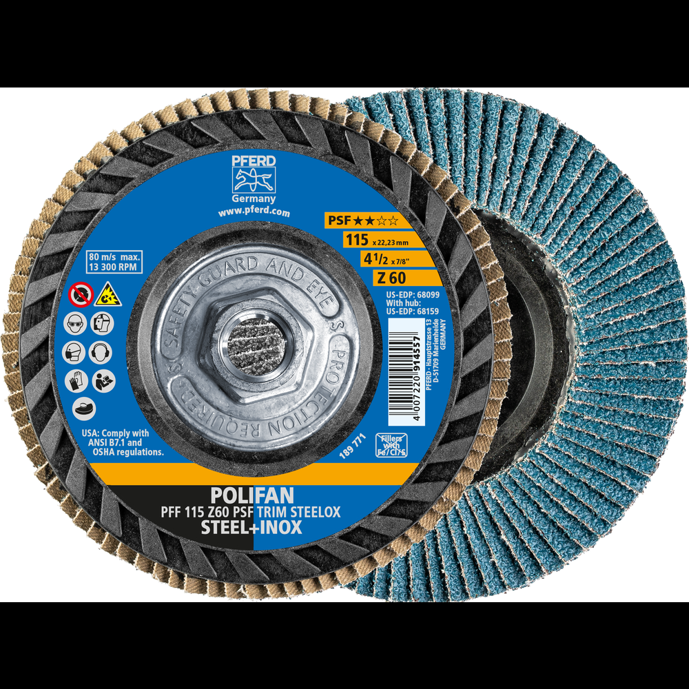 PFERD Flap Disc, 4-1/2&#34; x 5/8-11, Z PSF TRIM STEELOX, 60 Grit, T27, Flat, Zirconia<span class=' ItemWarning' style='display:block;'>Item is usually in stock, but we&#39;ll be in touch if there&#39;s a problem<br /></span>