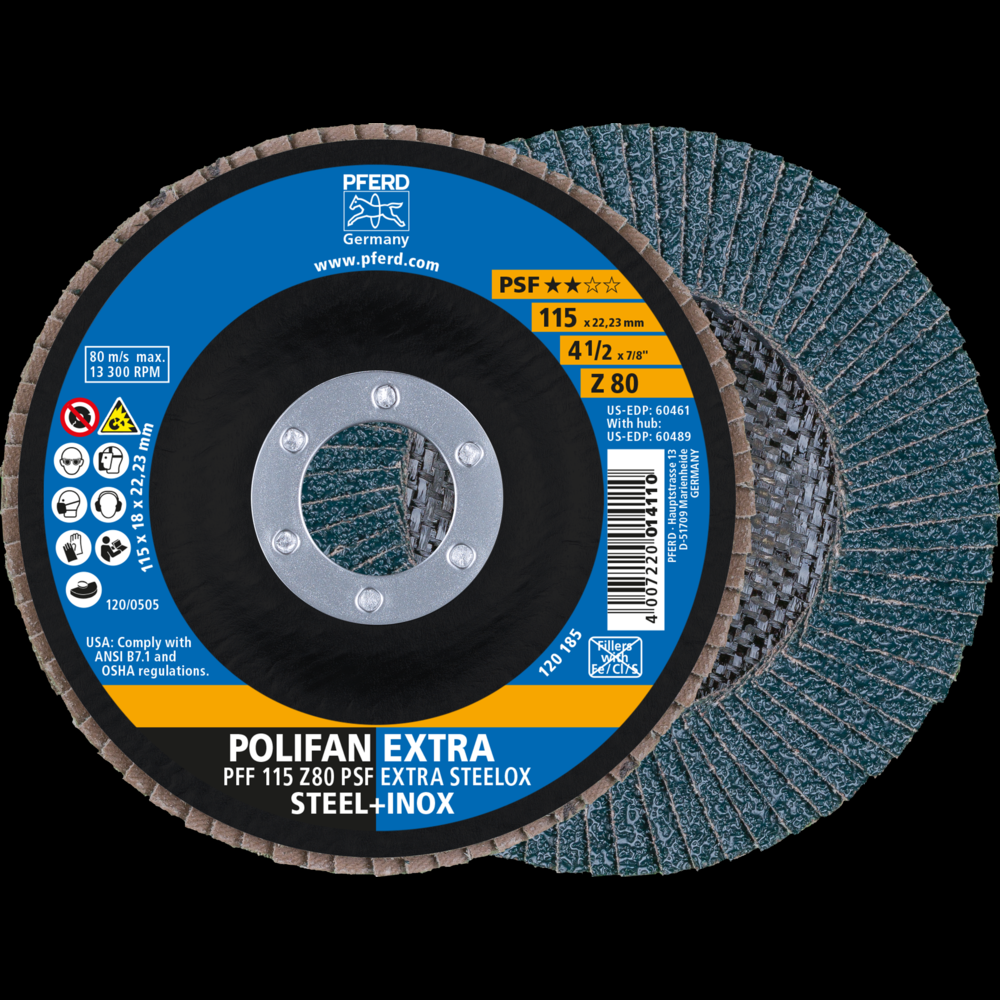 PFERD Flap Disc, 4-1/2&#34; x 7/8, Z PSF EXTRA STEELOX, 80 Grit, T27, Flat, Zirconia<span class=' ItemWarning' style='display:block;'>Item is usually in stock, but we&#39;ll be in touch if there&#39;s a problem<br /></span>