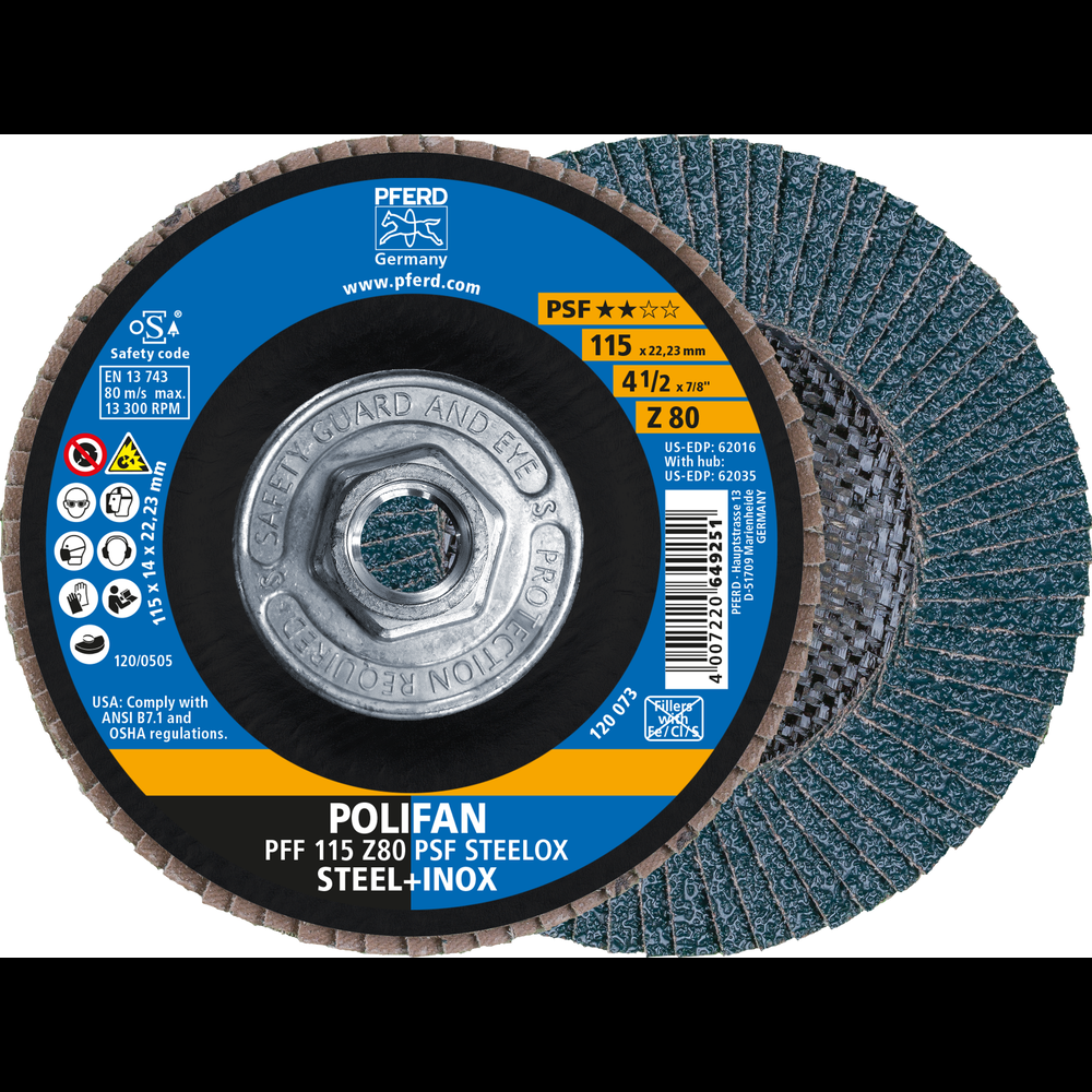 PFERD Flap Disc, 4-1/2&#34; x 5/8-11, Z PSF STEELOX, 80 Grit, T27, Flat, Zirconia<span class=' ItemWarning' style='display:block;'>Item is usually in stock, but we&#39;ll be in touch if there&#39;s a problem<br /></span>