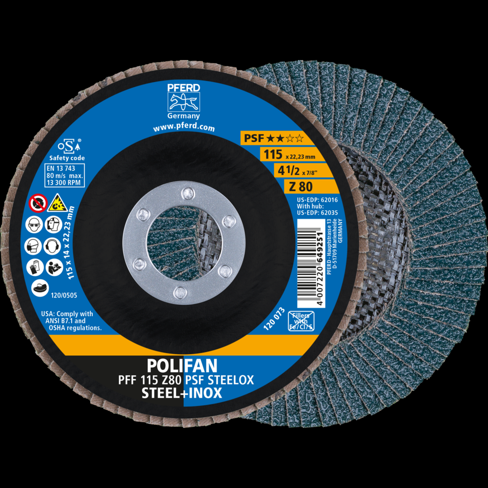 PFERD Flap Disc, 4-1/2&#34; x 7/8, Z PSF STEELOX, 80 Grit, T27, Flat, Zirconia<span class=' ItemWarning' style='display:block;'>Item is usually in stock, but we&#39;ll be in touch if there&#39;s a problem<br /></span>