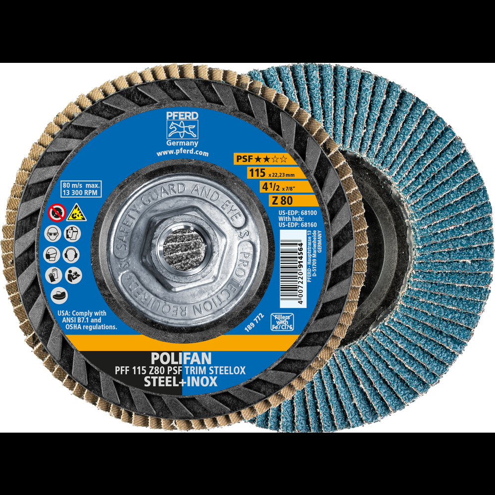 PFERD Flap Disc, 4-1/2&#34; x 5/8-11, Z PSF TRIM STEELOX, 80 Grit, T27, Flat, Zirconia<span class=' ItemWarning' style='display:block;'>Item is usually in stock, but we&#39;ll be in touch if there&#39;s a problem<br /></span>