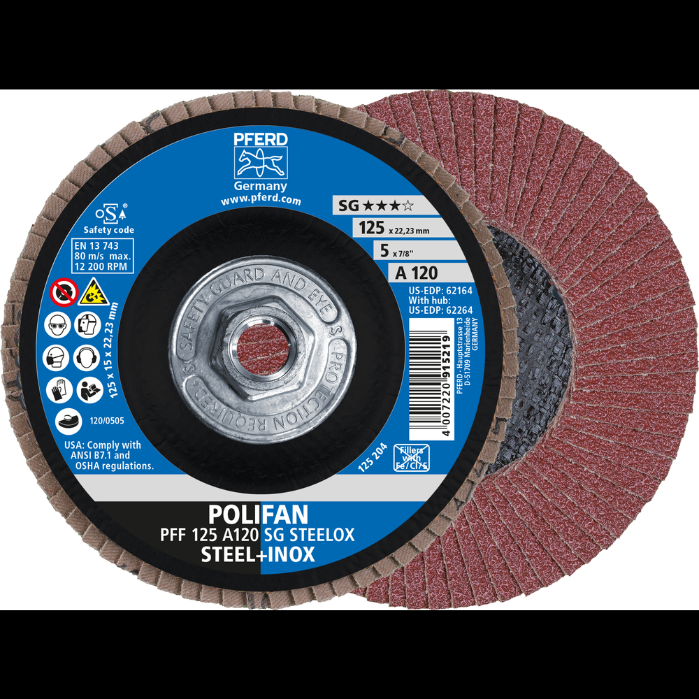 PFERD Flap Disc, 5&#34; x 5/8-11, A SG STEELOX, 120 Grit, T27, Flat, Aluminum oxide<span class=' ItemWarning' style='display:block;'>Item is usually in stock, but we&#39;ll be in touch if there&#39;s a problem<br /></span>