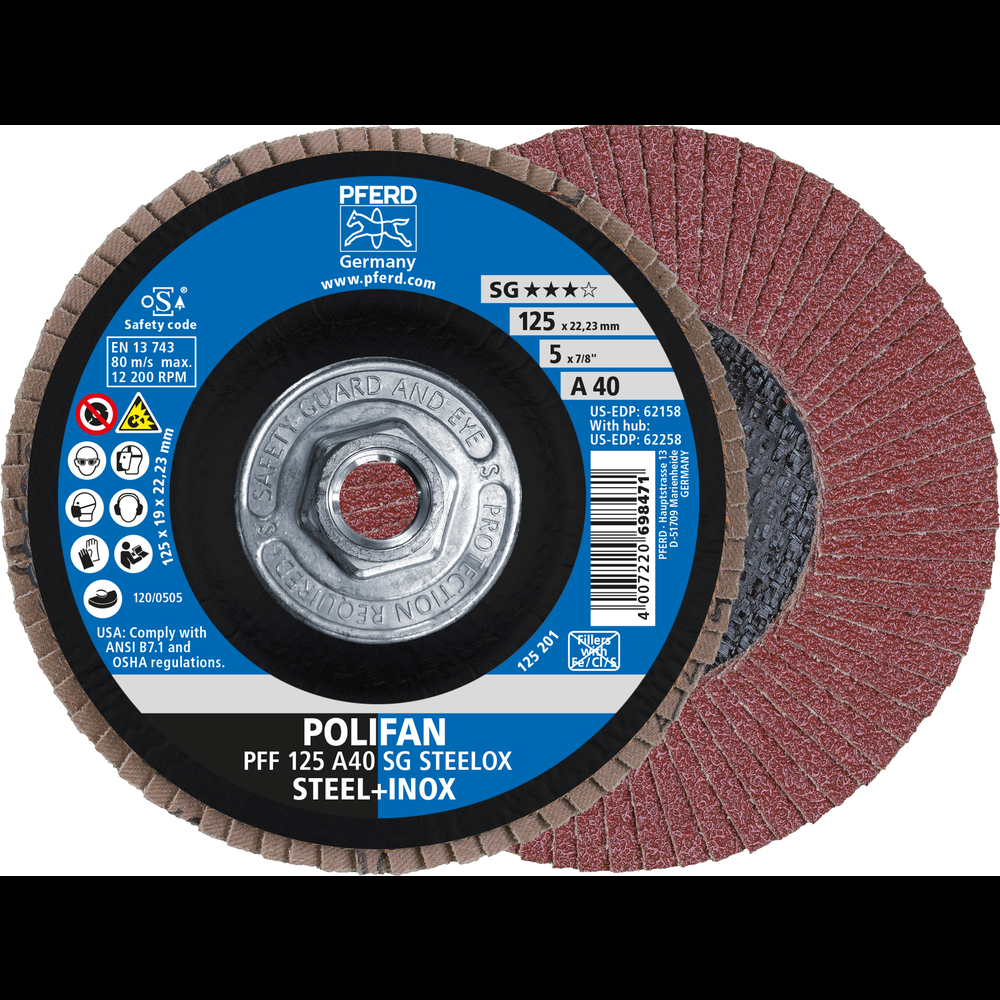 PFERD Flap Disc, 5&#34; x 5/8-11, A SG STEELOX, 40 Grit, T27, Flat, Aluminum oxide<span class=' ItemWarning' style='display:block;'>Item is usually in stock, but we&#39;ll be in touch if there&#39;s a problem<br /></span>