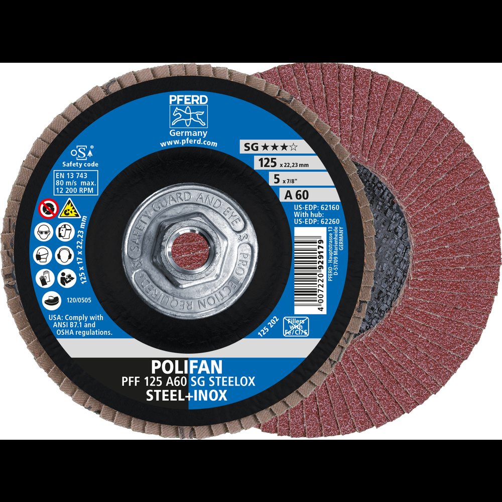 PFERD Flap Disc, 5&#34; x 5/8-11, A SG STEELOX, 60 Grit, T27, Flat, Aluminum oxide<span class=' ItemWarning' style='display:block;'>Item is usually in stock, but we&#39;ll be in touch if there&#39;s a problem<br /></span>