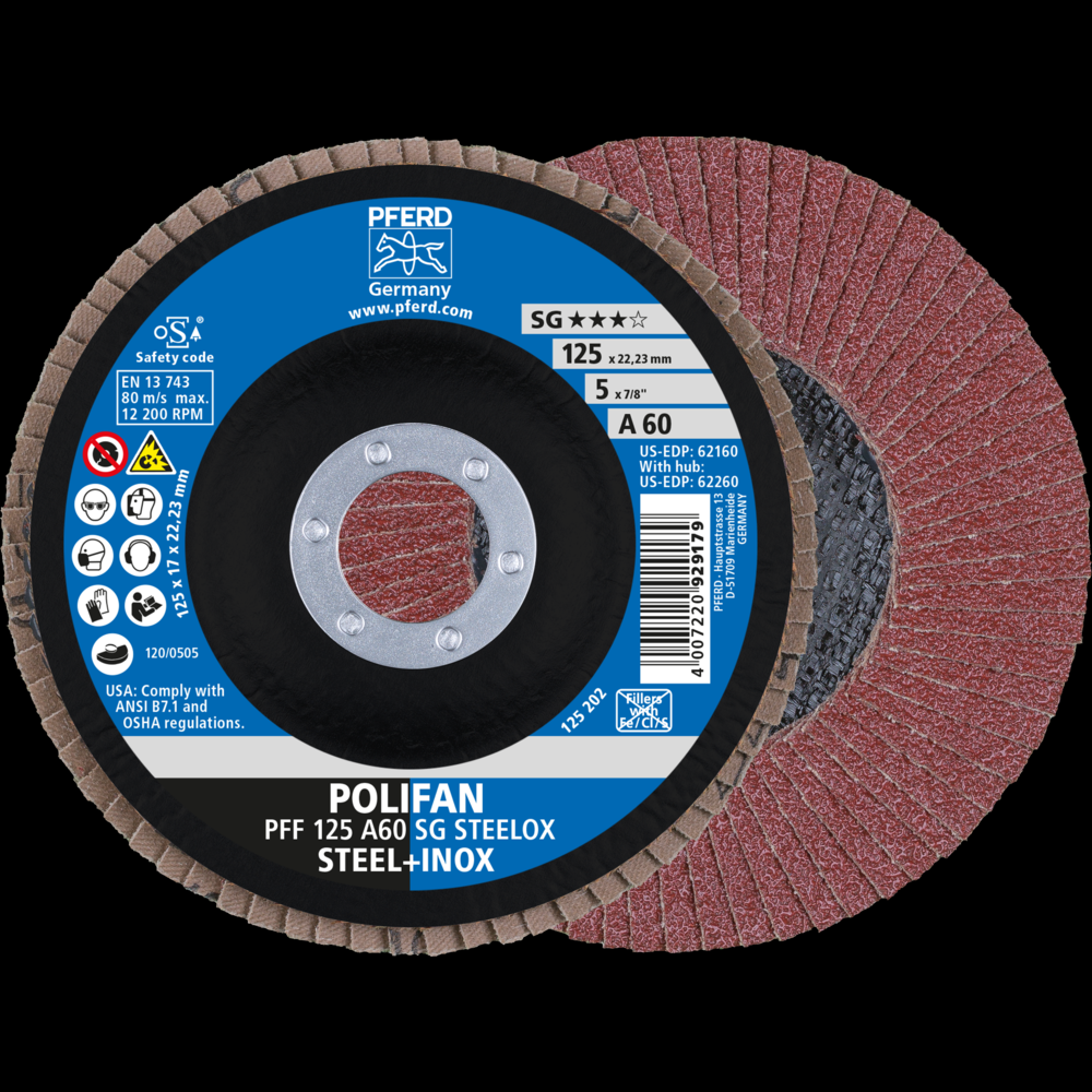 PFERD Flap Disc, 5&#34; x 7/8, A SG STEELOX, 60 Grit, T27, Flat, Aluminum oxide<span class=' ItemWarning' style='display:block;'>Item is usually in stock, but we&#39;ll be in touch if there&#39;s a problem<br /></span>