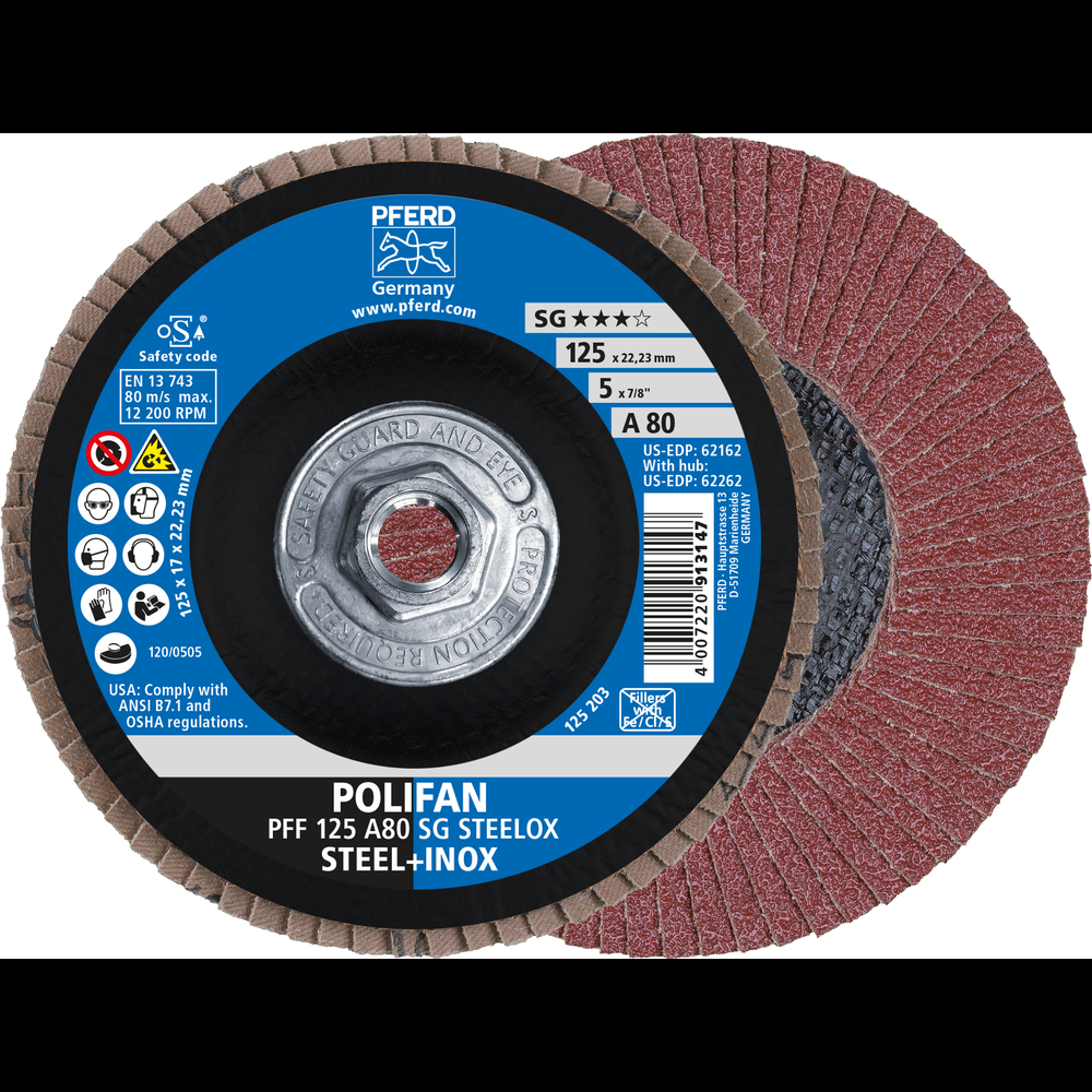 PFERD Flap Disc, 5&#34; x 5/8-11, A SG STEELOX, 80 Grit, T27, Flat, Aluminum oxide<span class=' ItemWarning' style='display:block;'>Item is usually in stock, but we&#39;ll be in touch if there&#39;s a problem<br /></span>