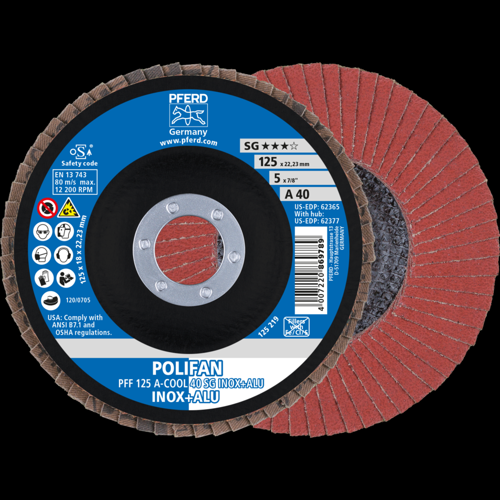 PFERD Flap Disc, 5&#34; x 7/8, A-COOL SG INOX+ALU, 40 Grit, T27, Flat, Aluminum oxide<span class=' ItemWarning' style='display:block;'>Item is usually in stock, but we&#39;ll be in touch if there&#39;s a problem<br /></span>