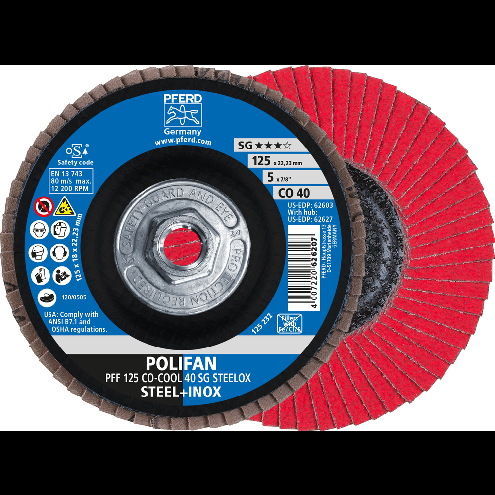 PFERD Flap Disc, 5&#34; x 5/8-11, CO-COOL SG STEELOX, 40 Grit, T27, Flat, Ceramic oxide<span class=' ItemWarning' style='display:block;'>Item is usually in stock, but we&#39;ll be in touch if there&#39;s a problem<br /></span>