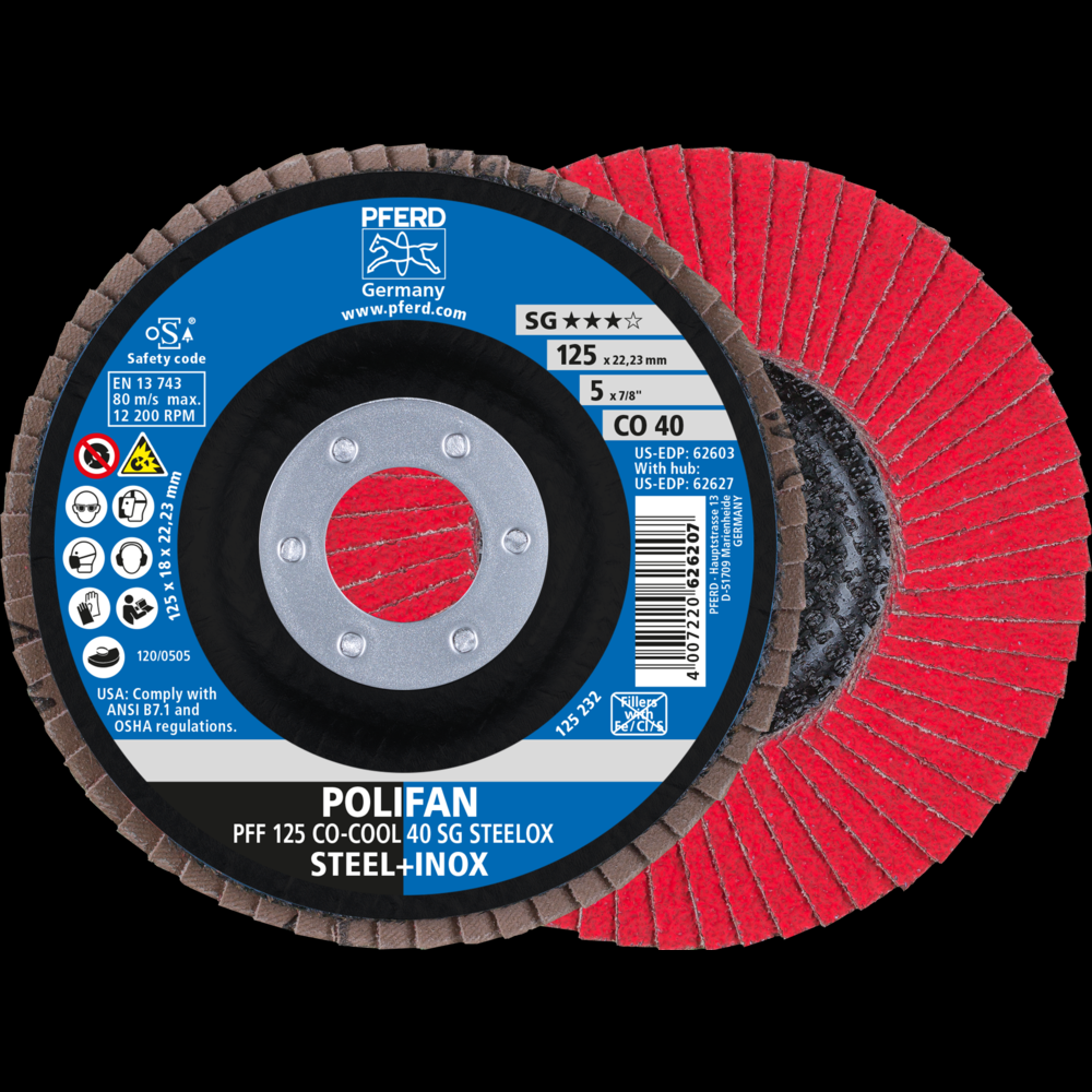 PFERD Flap Disc, 5&#34; x 7/8, CO-COOL SG STEELOX, 40 Grit, T27, Flat, Ceramic oxide<span class=' ItemWarning' style='display:block;'>Item is usually in stock, but we&#39;ll be in touch if there&#39;s a problem<br /></span>