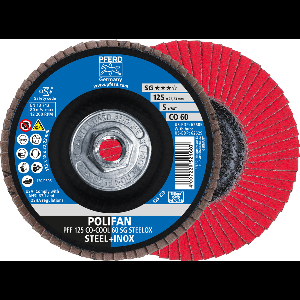 PFERD Flap Disc, 5&#34; x 5/8-11, CO-COOL SG STEELOX, 60 Grit, T27, Flat, Ceramic oxide<span class=' ItemWarning' style='display:block;'>Item is usually in stock, but we&#39;ll be in touch if there&#39;s a problem<br /></span>