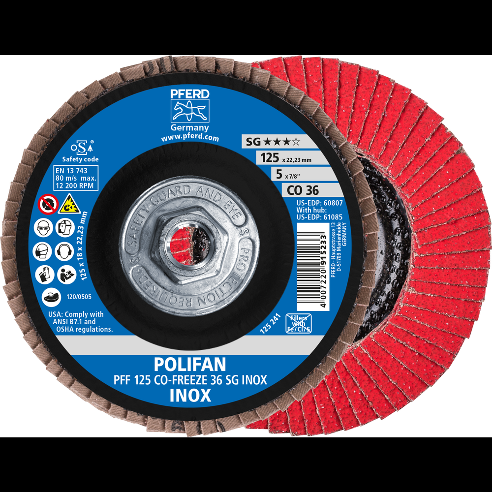 PFERD Flap Disc, 5&#34; x 5/8-11, CO-FREEZE SG INOX, 36 Grit, T27, Flat, Ceramic<span class=' ItemWarning' style='display:block;'>Item is usually in stock, but we&#39;ll be in touch if there&#39;s a problem<br /></span>