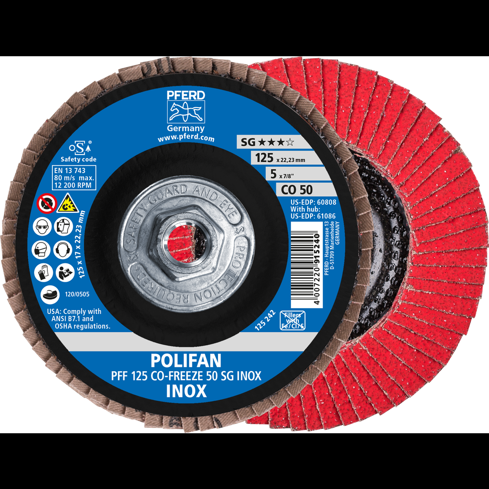 PFERD Flap Disc, 5&#34; x 5/8-11, CO-FREEZE SG INOX, 50 Grit, T27, Flat, Ceramic<span class=' ItemWarning' style='display:block;'>Item is usually in stock, but we&#39;ll be in touch if there&#39;s a problem<br /></span>