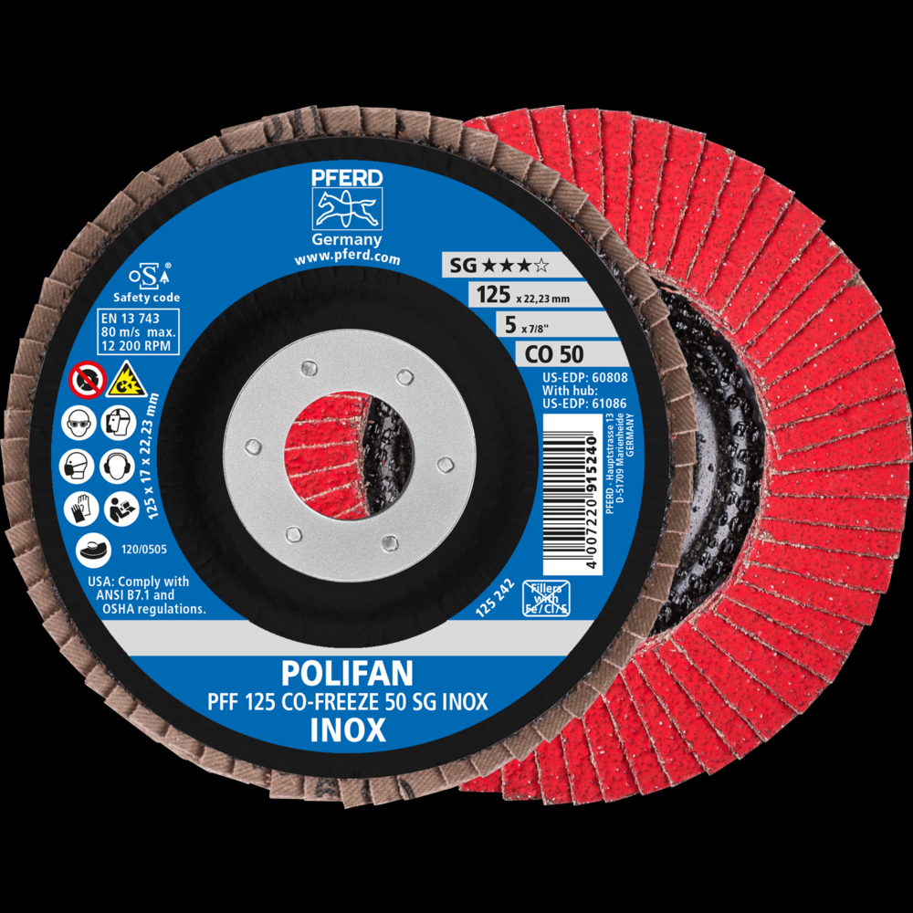 PFERD Flap Disc, 5&#34; x 7/8, CO-FREEZE SG INOX, 50 Grit, T27, Flat, Ceramic<span class=' ItemWarning' style='display:block;'>Item is usually in stock, but we&#39;ll be in touch if there&#39;s a problem<br /></span>