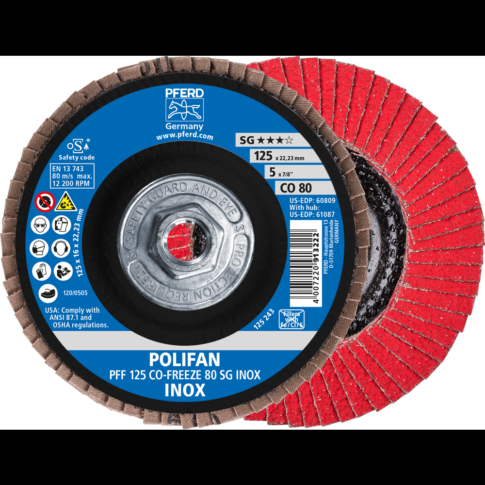 PFERD Flap Disc, 5&#34; x 5/8-11, CO-FREEZE SG INOX, 80 Grit, T27, Flat, Ceramic<span class=' ItemWarning' style='display:block;'>Item is usually in stock, but we&#39;ll be in touch if there&#39;s a problem<br /></span>