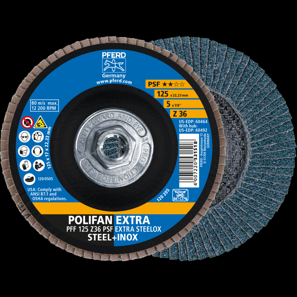 PFERD Flap Disc, 5&#34; x 5/8-11, Z PSF EXTRA STEELOX, 36 Grit, T27, Flat, Zirconia<span class=' ItemWarning' style='display:block;'>Item is usually in stock, but we&#39;ll be in touch if there&#39;s a problem<br /></span>