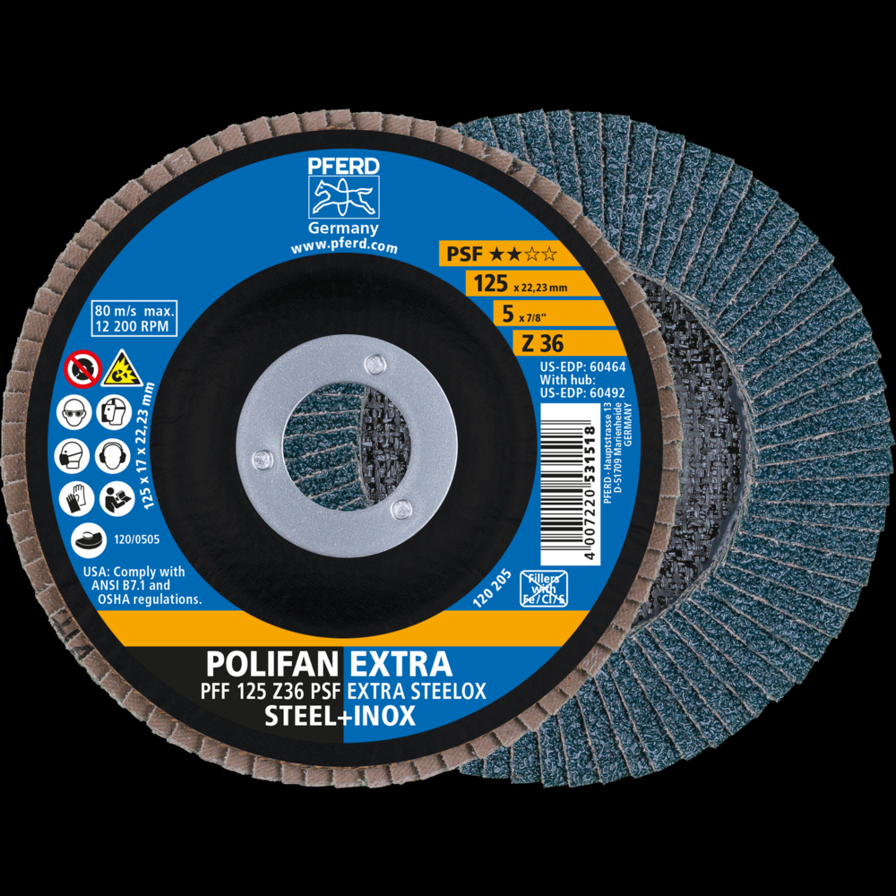 PFERD Flap Disc, 5&#34; x 7/8, Z PSF EXTRA STEELOX, 36 Grit, T27, Flat, Zirconia<span class=' ItemWarning' style='display:block;'>Item is usually in stock, but we&#39;ll be in touch if there&#39;s a problem<br /></span>