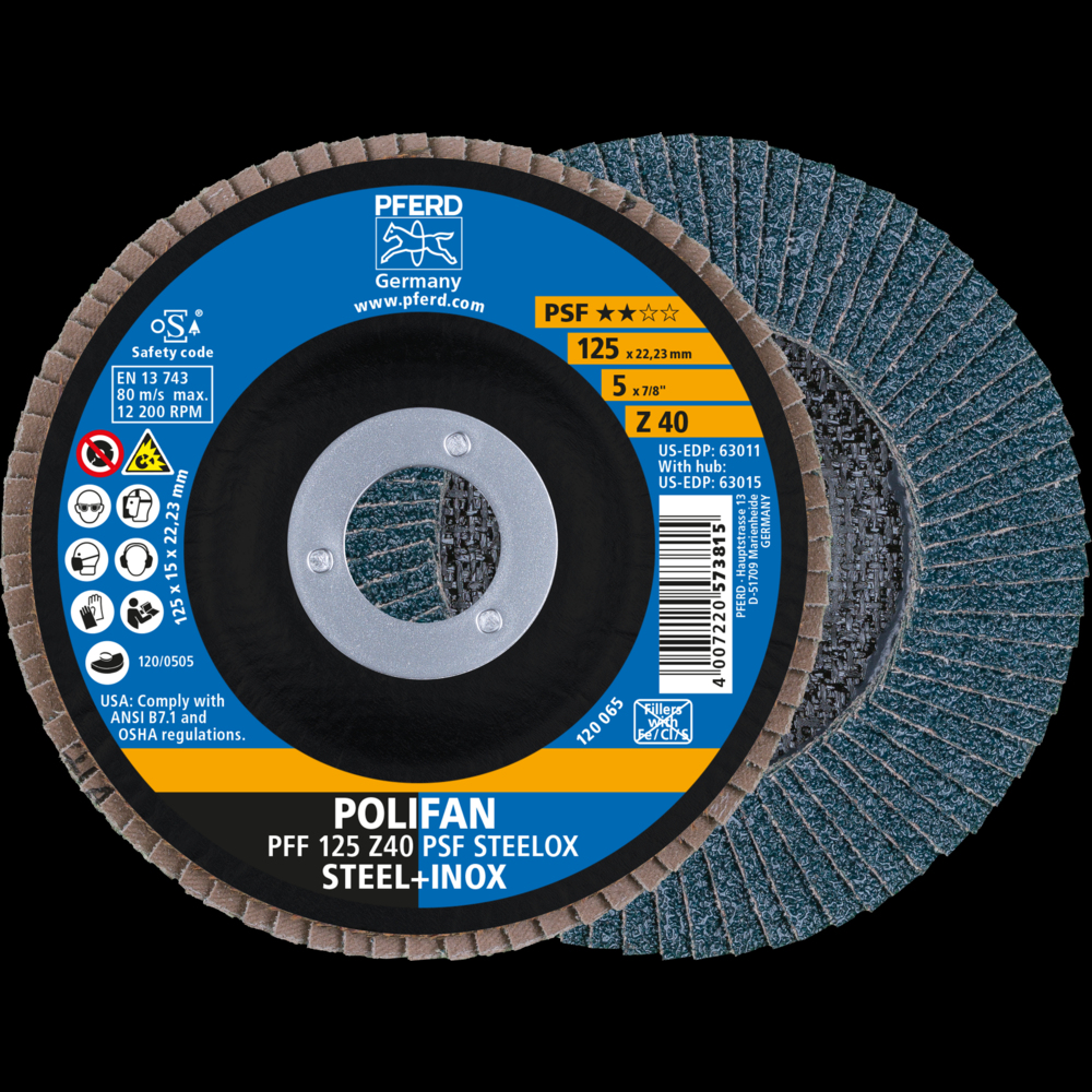 PFERD Flap Disc, 5&#34; x 7/8, Z PSF STEELOX, 40 Grit, T27, Flat, Zirconia<span class=' ItemWarning' style='display:block;'>Item is usually in stock, but we&#39;ll be in touch if there&#39;s a problem<br /></span>