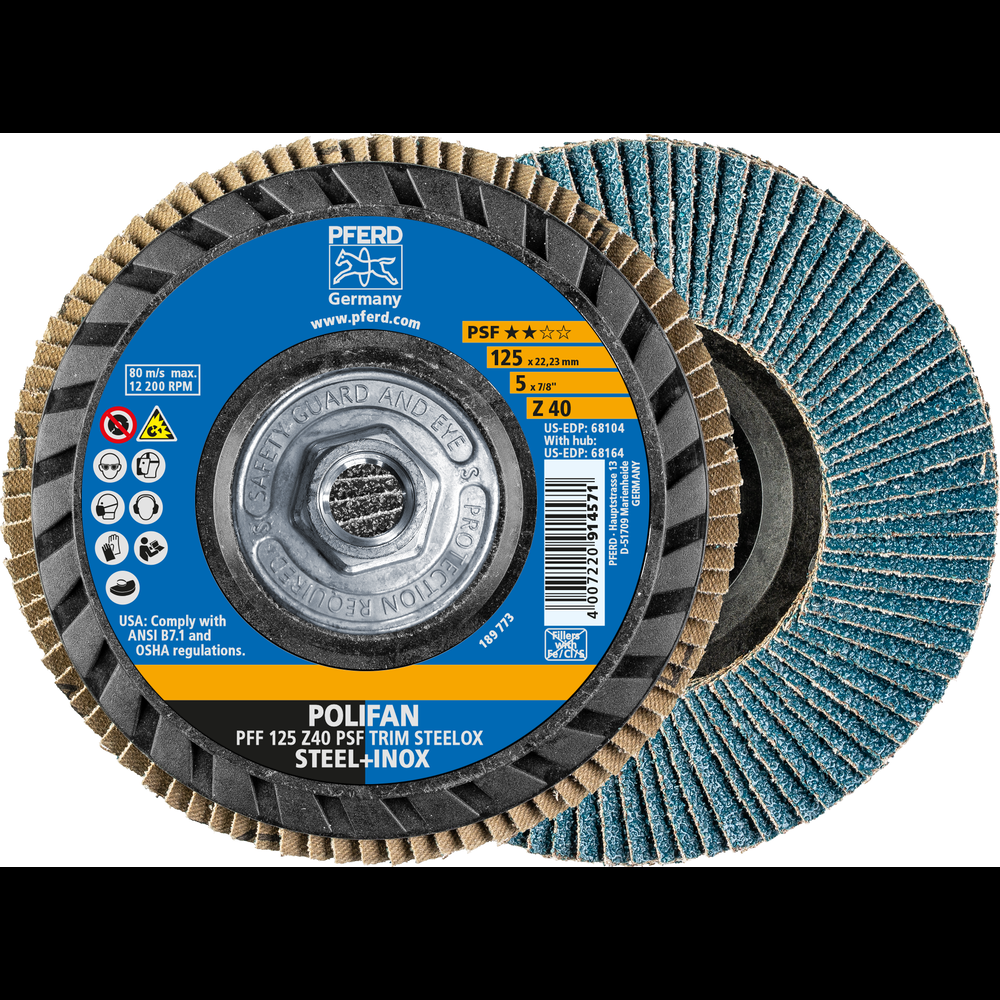 PFERD Flap Disc, 5&#34; x 5/8-11, Z PSF TRIM STEELOX, 40 Grit, T27, Flat, Zirconia<span class=' ItemWarning' style='display:block;'>Item is usually in stock, but we&#39;ll be in touch if there&#39;s a problem<br /></span>