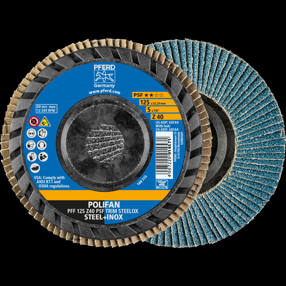 PFERD Flap Disc, 5&#34; x 7/8, Z PSF TRIM STEELOX, 40 Grit, T27, Flat, Zirconia<span class=' ItemWarning' style='display:block;'>Item is usually in stock, but we&#39;ll be in touch if there&#39;s a problem<br /></span>