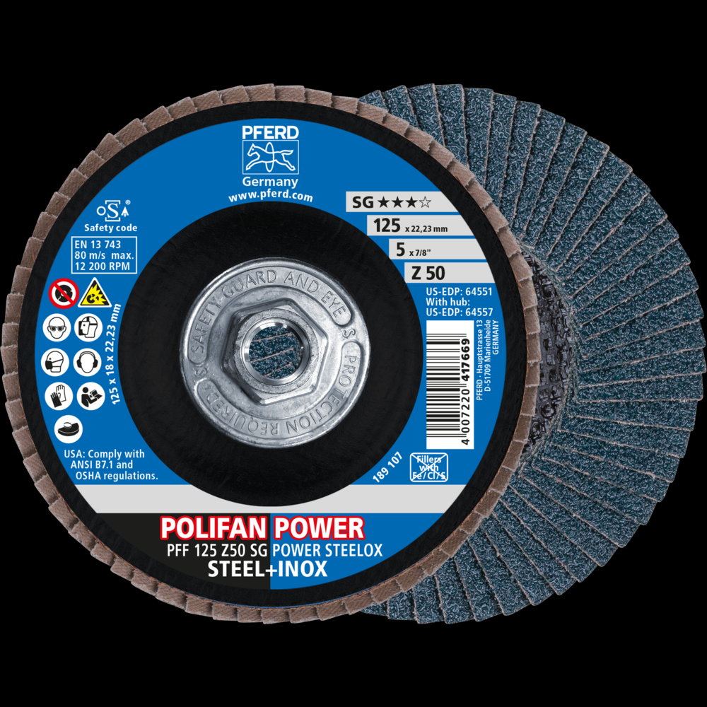 PFERD Flap Disc, 5&#34; x 5/8-11, Z SG POWER STEELOX, 50 Grit, T27, Flat, Zirconia<span class=' ItemWarning' style='display:block;'>Item is usually in stock, but we&#39;ll be in touch if there&#39;s a problem<br /></span>