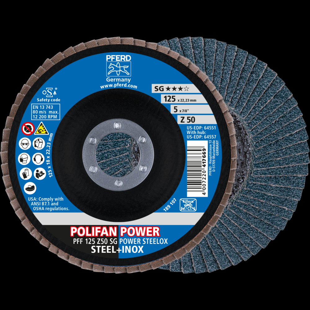 PFERD Flap Disc, 5&#34; x 7/8, Z SG POWER STEELOX, 50 Grit, T27, Flat, Zirconia<span class=' ItemWarning' style='display:block;'>Item is usually in stock, but we&#39;ll be in touch if there&#39;s a problem<br /></span>