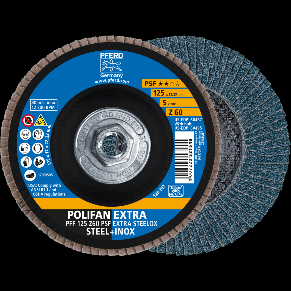 PFERD Flap Disc, 5&#34; x 5/8-11, Z PSF EXTRA STEELOX, 60 Grit, T27, Flat, Zirconia<span class=' ItemWarning' style='display:block;'>Item is usually in stock, but we&#39;ll be in touch if there&#39;s a problem<br /></span>