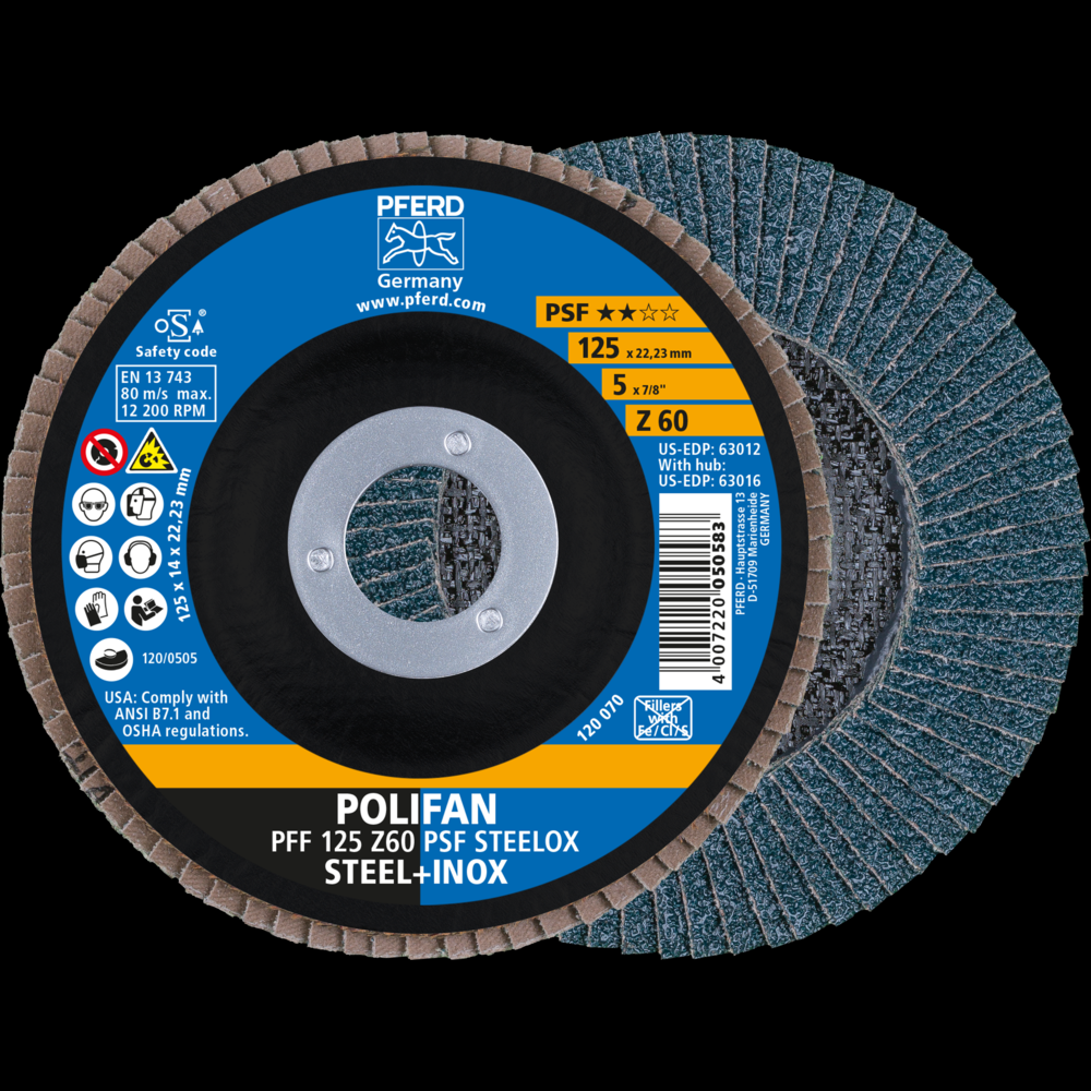 PFERD Flap Disc, 5&#34; x 7/8, Z PSF STEELOX, 60 Grit, T27, Flat, Zirconia<span class=' ItemWarning' style='display:block;'>Item is usually in stock, but we&#39;ll be in touch if there&#39;s a problem<br /></span>