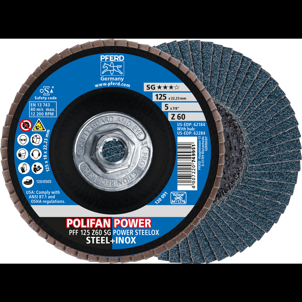 PFERD Flap Disc, 5&#34; x 5/8-11, Z SG POWER STEELOX, 60 Grit, T27, Flat, Zirconia<span class=' ItemWarning' style='display:block;'>Item is usually in stock, but we&#39;ll be in touch if there&#39;s a problem<br /></span>