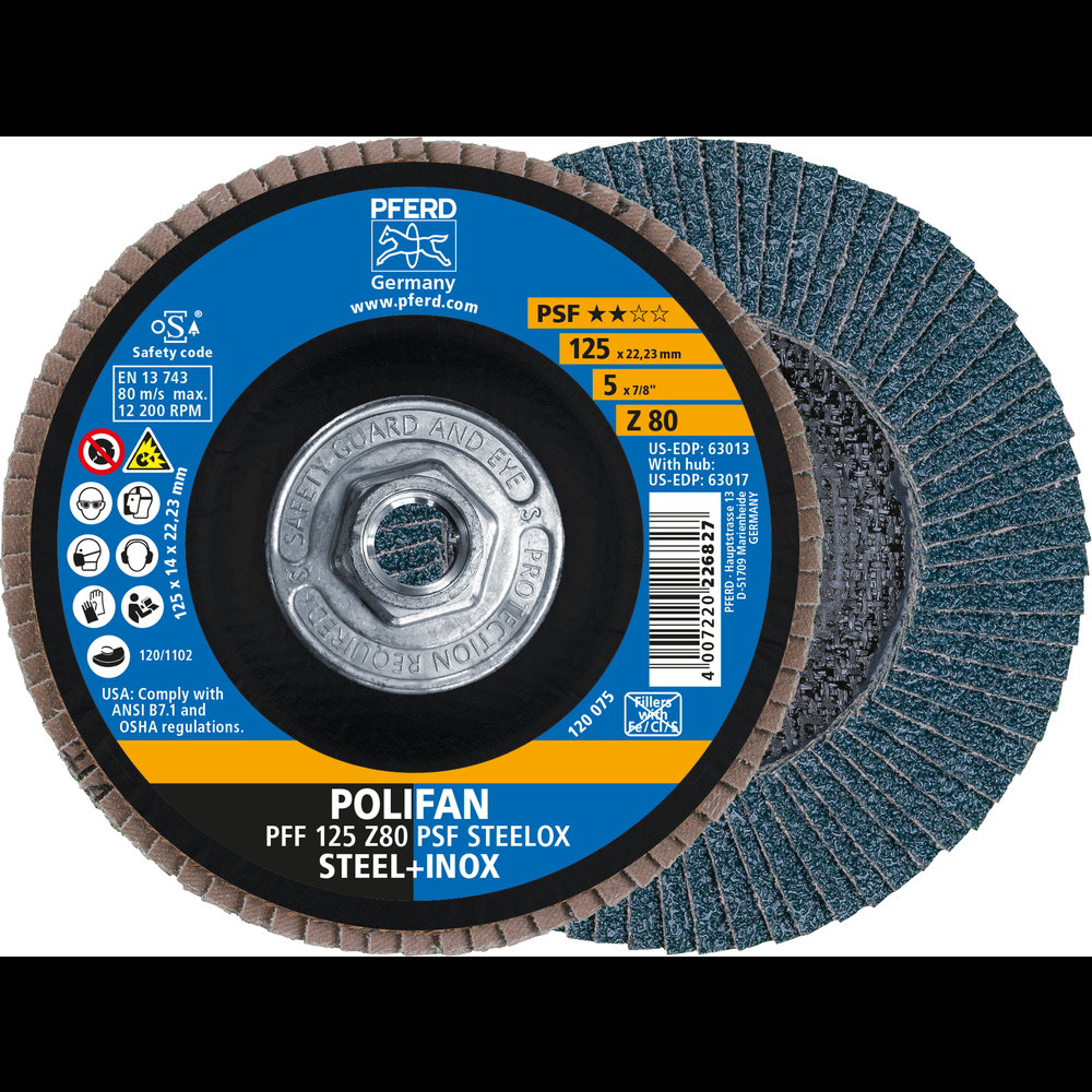 PFERD Flap Disc, 5&#34; x 5/8-11, Z PSF STEELOX, 80 Grit, T27, Flat, Zirconia<span class=' ItemWarning' style='display:block;'>Item is usually in stock, but we&#39;ll be in touch if there&#39;s a problem<br /></span>