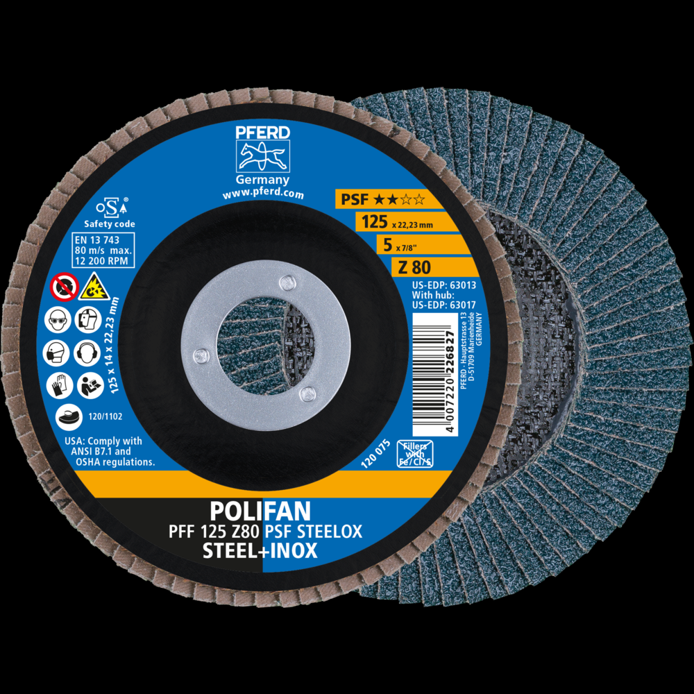 PFERD Flap Disc, 5&#34; x 7/8, Z PSF STEELOX, 80 Grit, T27, Flat, Zirconia<span class=' ItemWarning' style='display:block;'>Item is usually in stock, but we&#39;ll be in touch if there&#39;s a problem<br /></span>