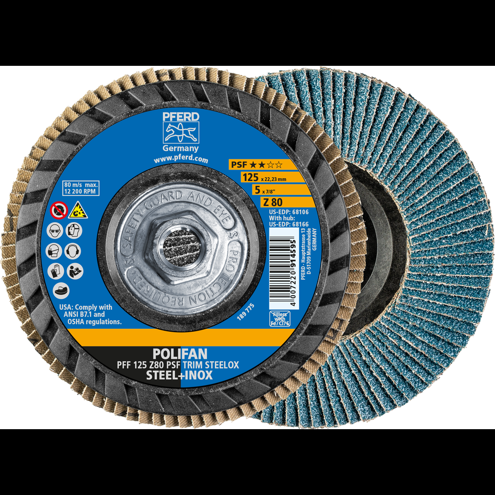 PFERD Flap Disc, 5&#34; x 5/8-11, Z PSF TRIM STEELOX, 80 Grit, T27, Flat, Zirconia<span class=' ItemWarning' style='display:block;'>Item is usually in stock, but we&#39;ll be in touch if there&#39;s a problem<br /></span>