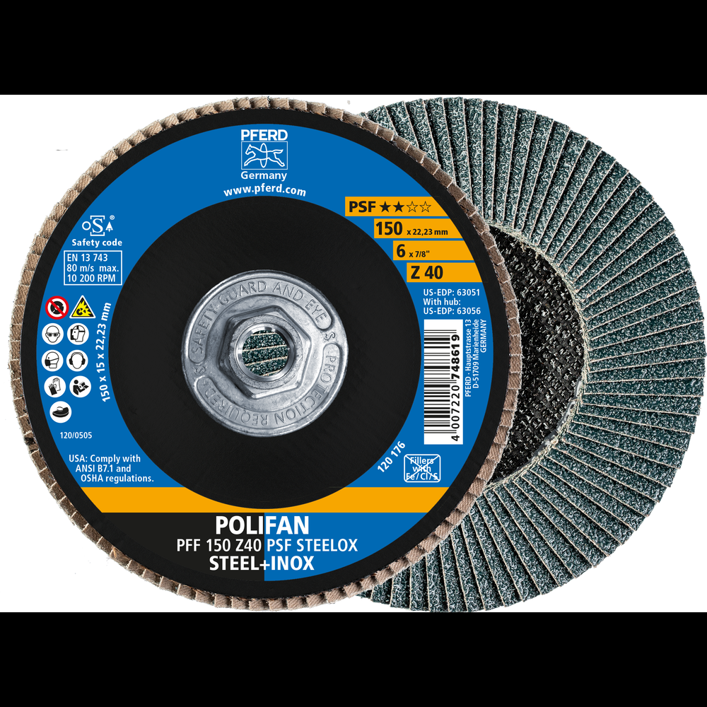 PFERD Flap Disc, 6&#34; x 5/8-11, Z PSF STEELOX, 40 Grit, T27, Flat, Zirconia<span class=' ItemWarning' style='display:block;'>Item is usually in stock, but we&#39;ll be in touch if there&#39;s a problem<br /></span>