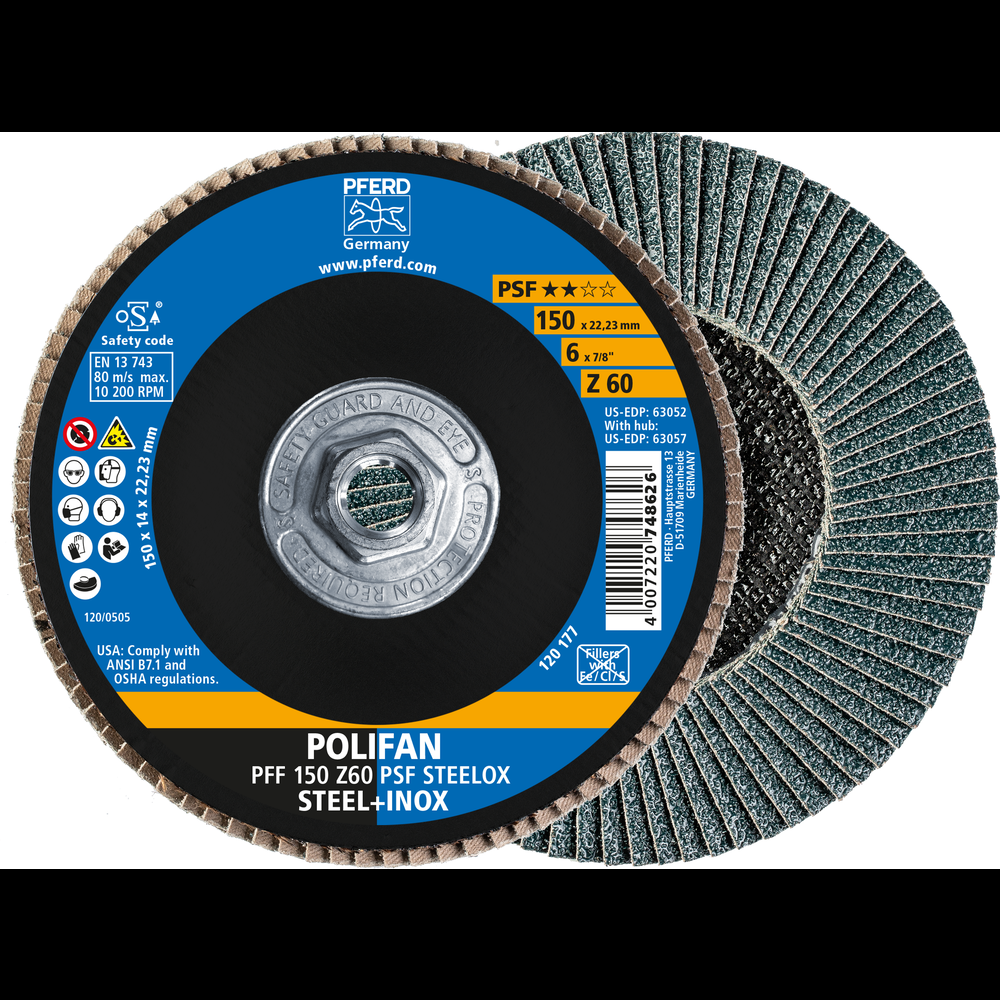 PFERD Flap Disc, 6&#34; x 5/8-11, Z PSF STEELOX, 60 Grit, T27, Flat, Zirconia<span class=' ItemWarning' style='display:block;'>Item is usually in stock, but we&#39;ll be in touch if there&#39;s a problem<br /></span>