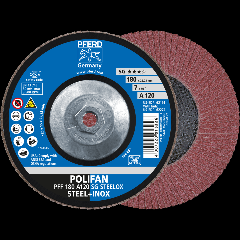 PFERD Flap Disc, 7&#34; x 5/8-11, A SG STEELOX, 120 Grit, T29, Conical, Aluminum oxide<span class=' ItemWarning' style='display:block;'>Item is usually in stock, but we&#39;ll be in touch if there&#39;s a problem<br /></span>